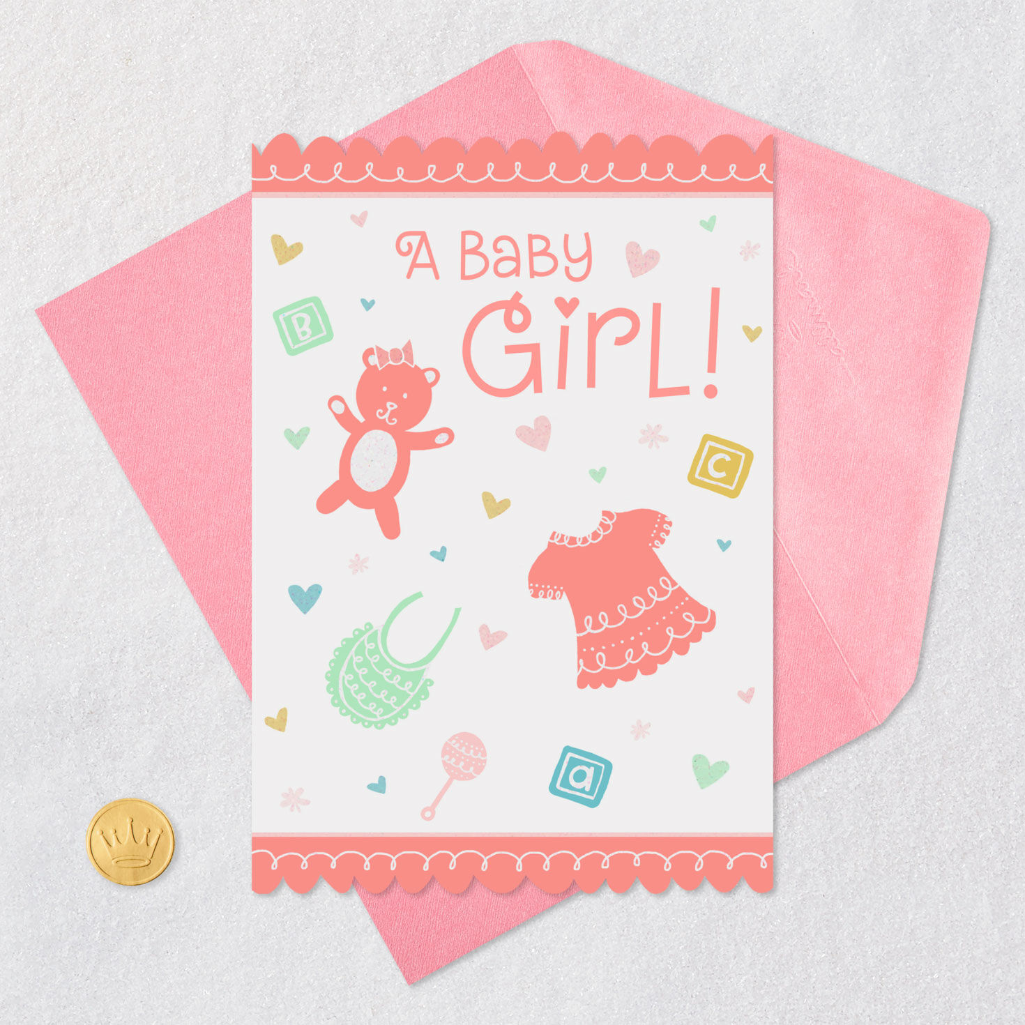 Newborn Items and Hearts 99-cent New Baby Girl Card Card Front with Envelope and Gold Seal image number 7