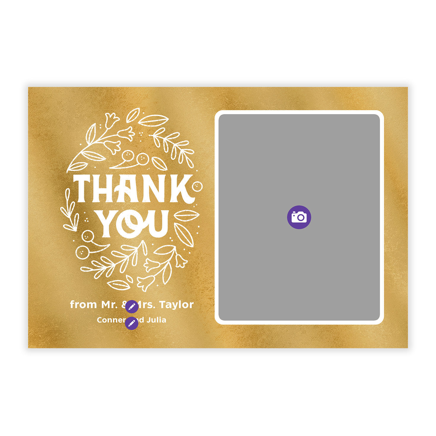 Foliage Line Art on Gold Personalized Wedding Thank You Card Front indicating personalization image number 5