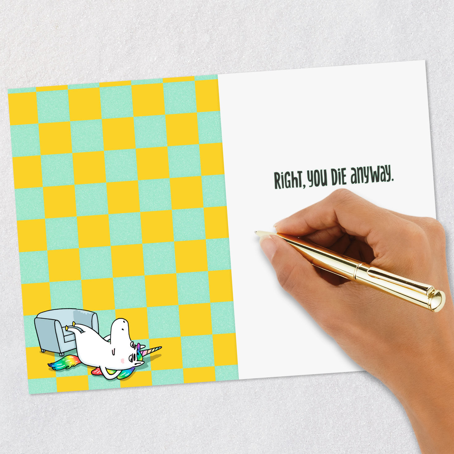 Meh Unicorn in Chair Funny Birthday Card signing card image number 6