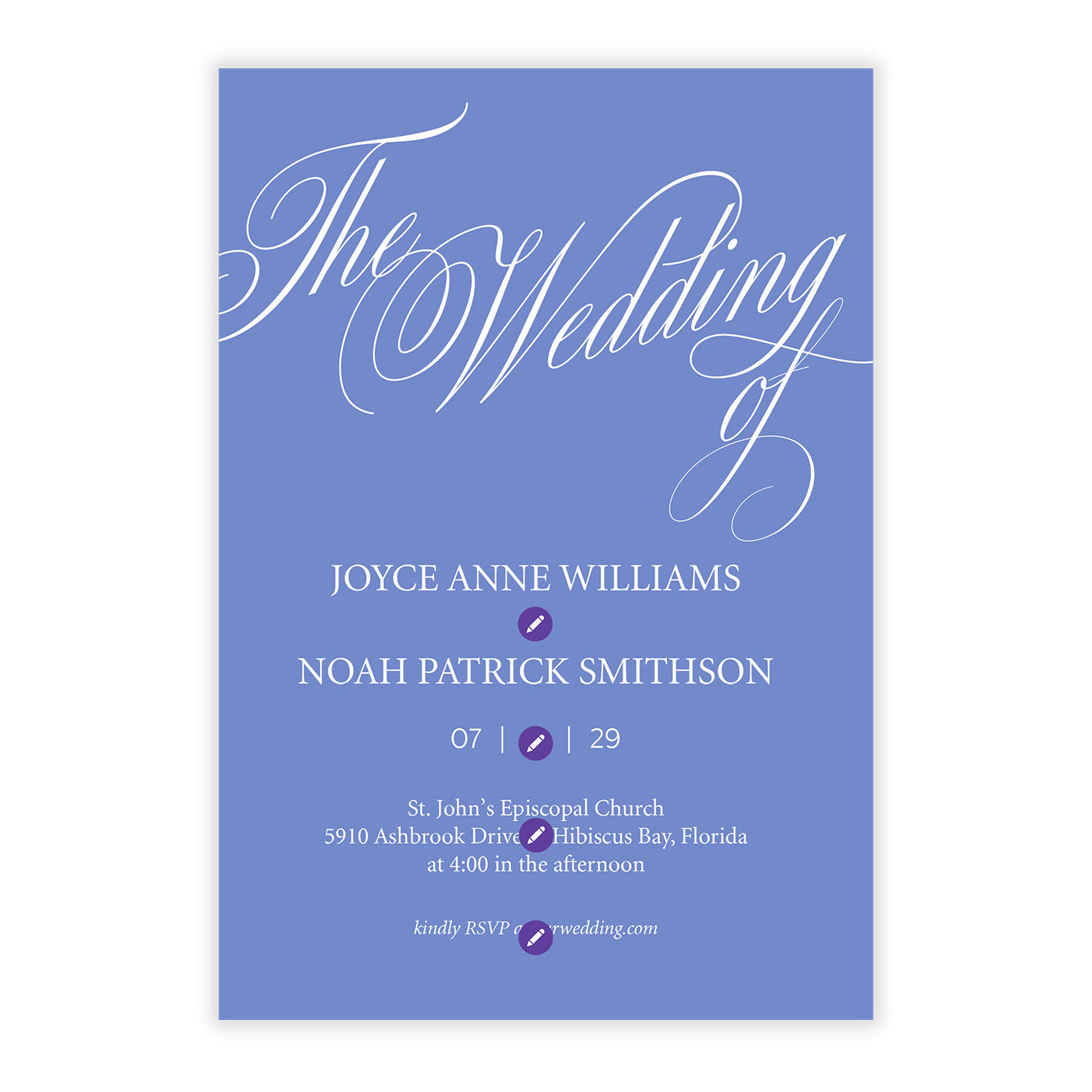 White on Blue Personalized Wedding Invitation Card Front indicating personalization image number 5