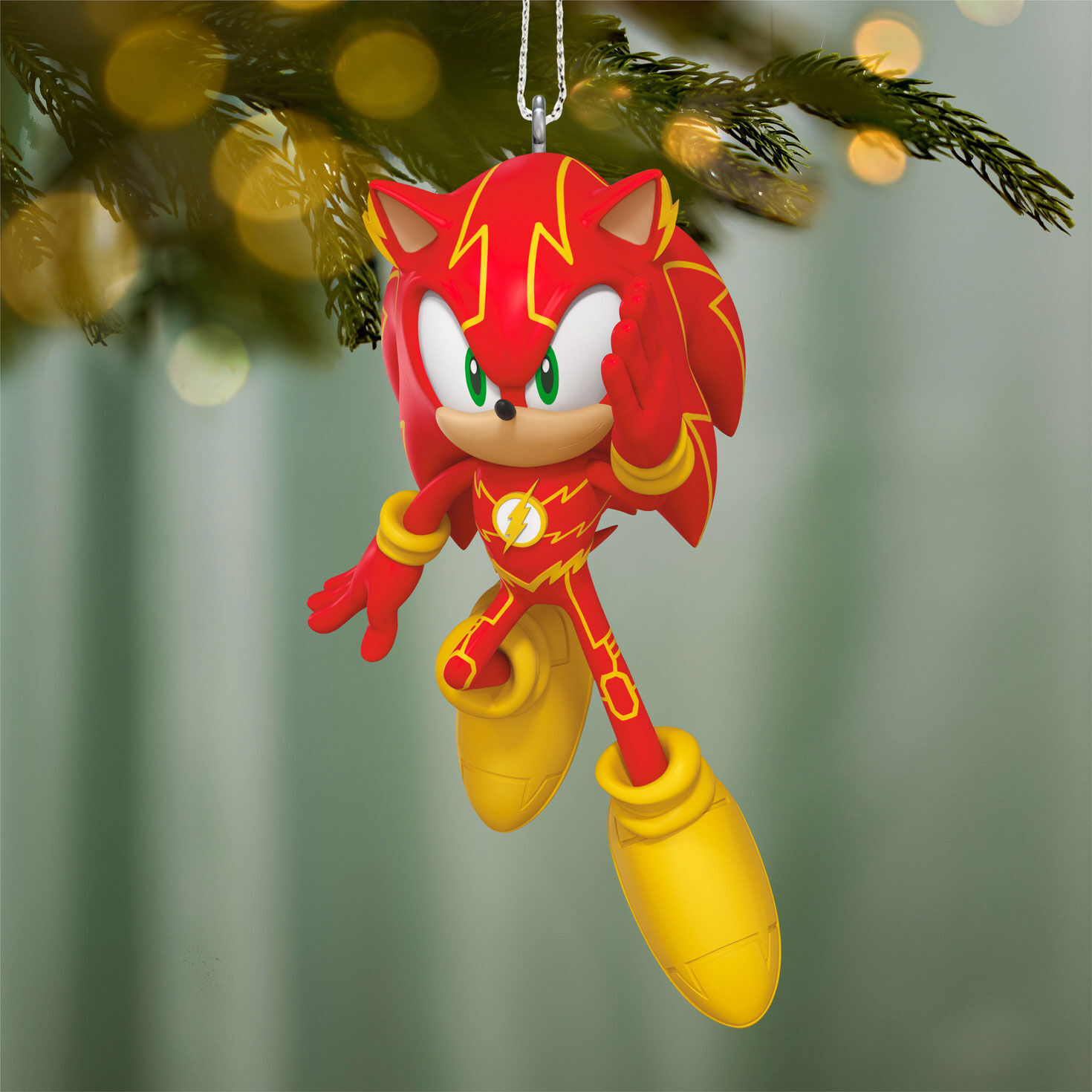 Red Yellow Sonic the Hedgehog Keepsake Ornament hanging on tree image number 2