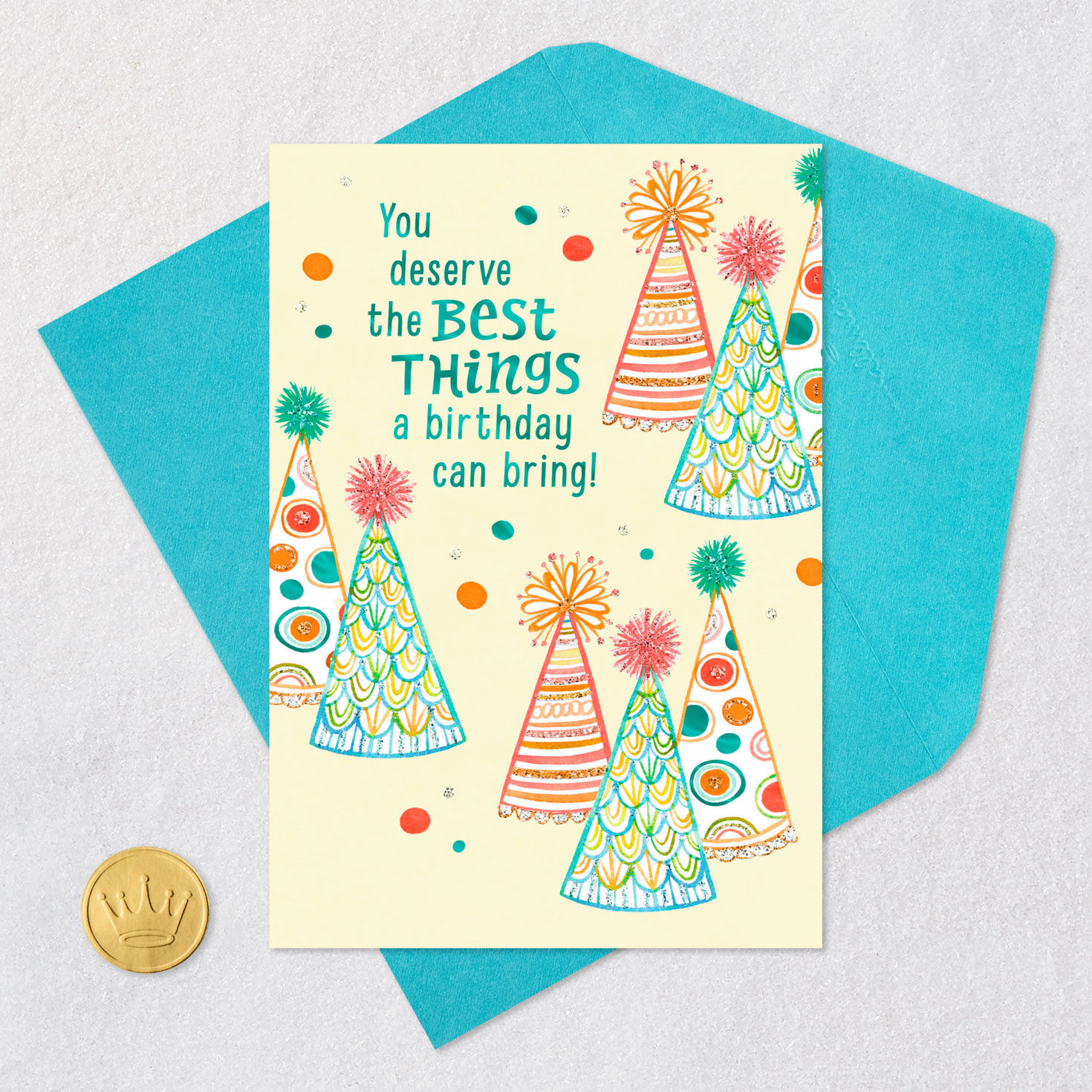 Colorful Party Hats Happy Birthday Card Card Front with Envelope and Gold Seal image number 5