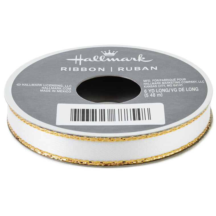 White 0.3" Satin Ribbon With Gold Edges, 18'