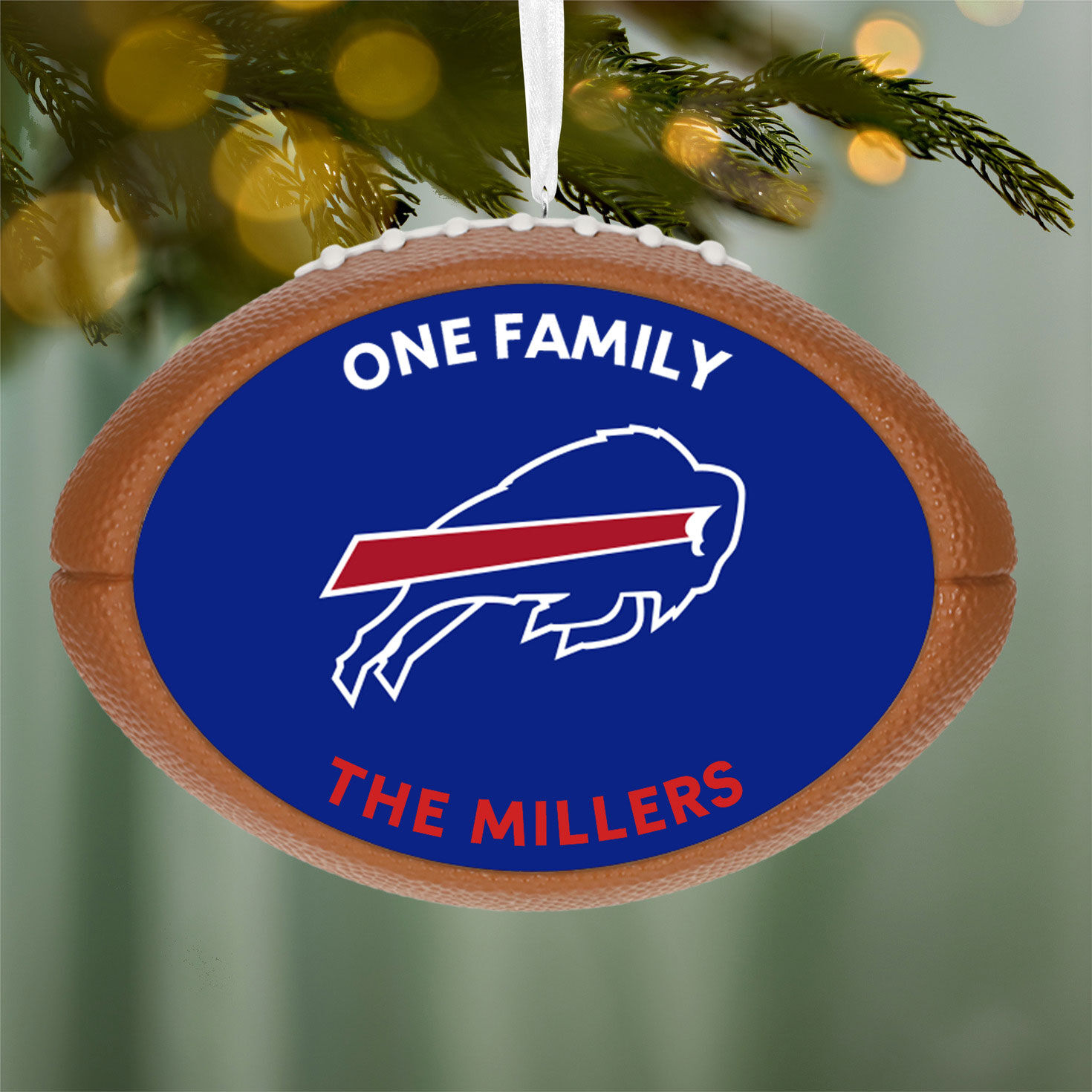 Buffalo Bills Football Personalized Text Ornament hanging on tree image number 2