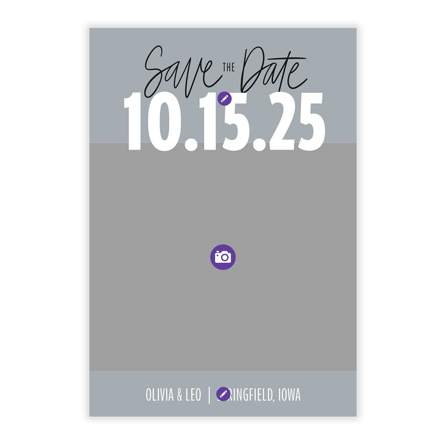 Large Text on Gray Personalized Save the Date Card Card Front indicating personalization image number 5