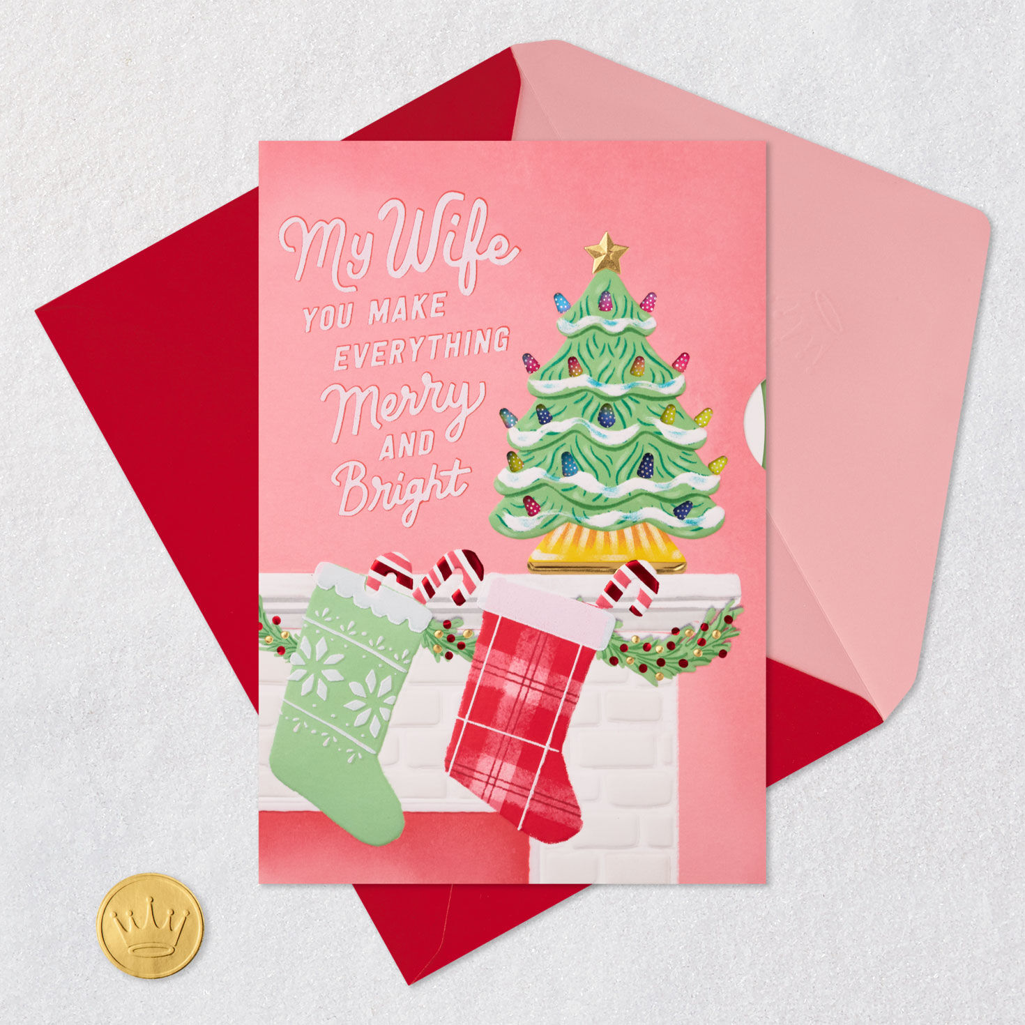 Stockings on Fireplace Christmas Card for Wife Card Front with Envelope and Gold Seal image number 6