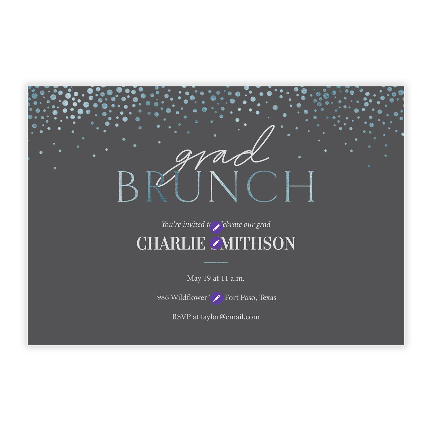Blue Dots on Gray Grad Brunch Invitation Card Front indicating personalization image number 5