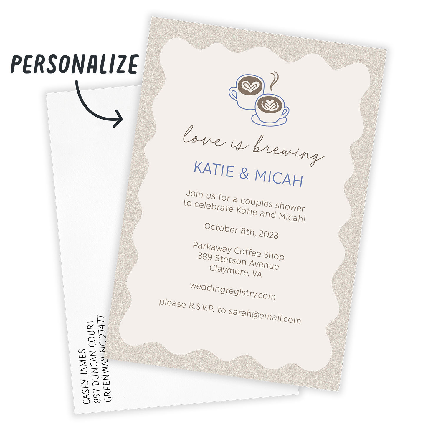 Coffee Cups Personalized Wedding Shower Invitation Card Front indicating personalization image number 2