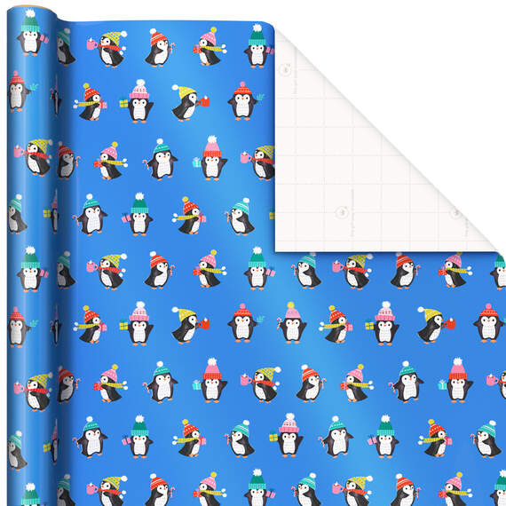 Holiday Penguins on Blue Christmas Wrapping Paper, 90 sq. ft.