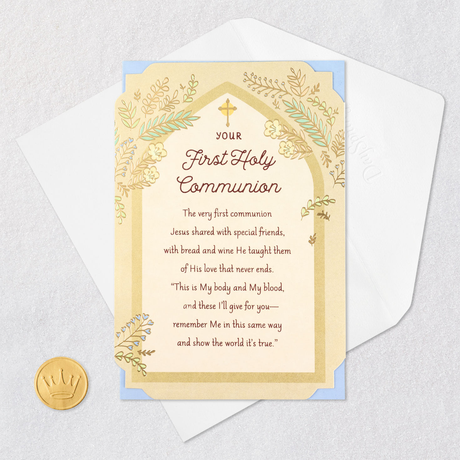 Cross in Arched Window First Holy Communion Card Card Front with Envelope and Gold Seal image number 6