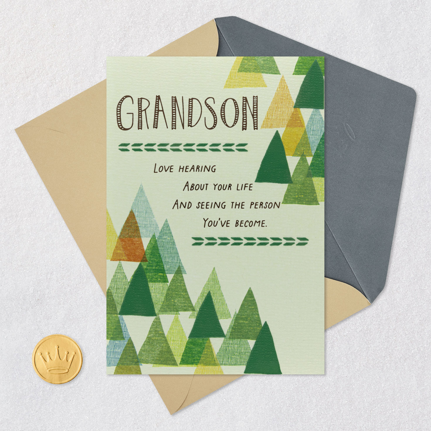 Abstract Green and Orange Trees Grandson Birthday Card Card Front with Envelope and Gold Seal image number 6