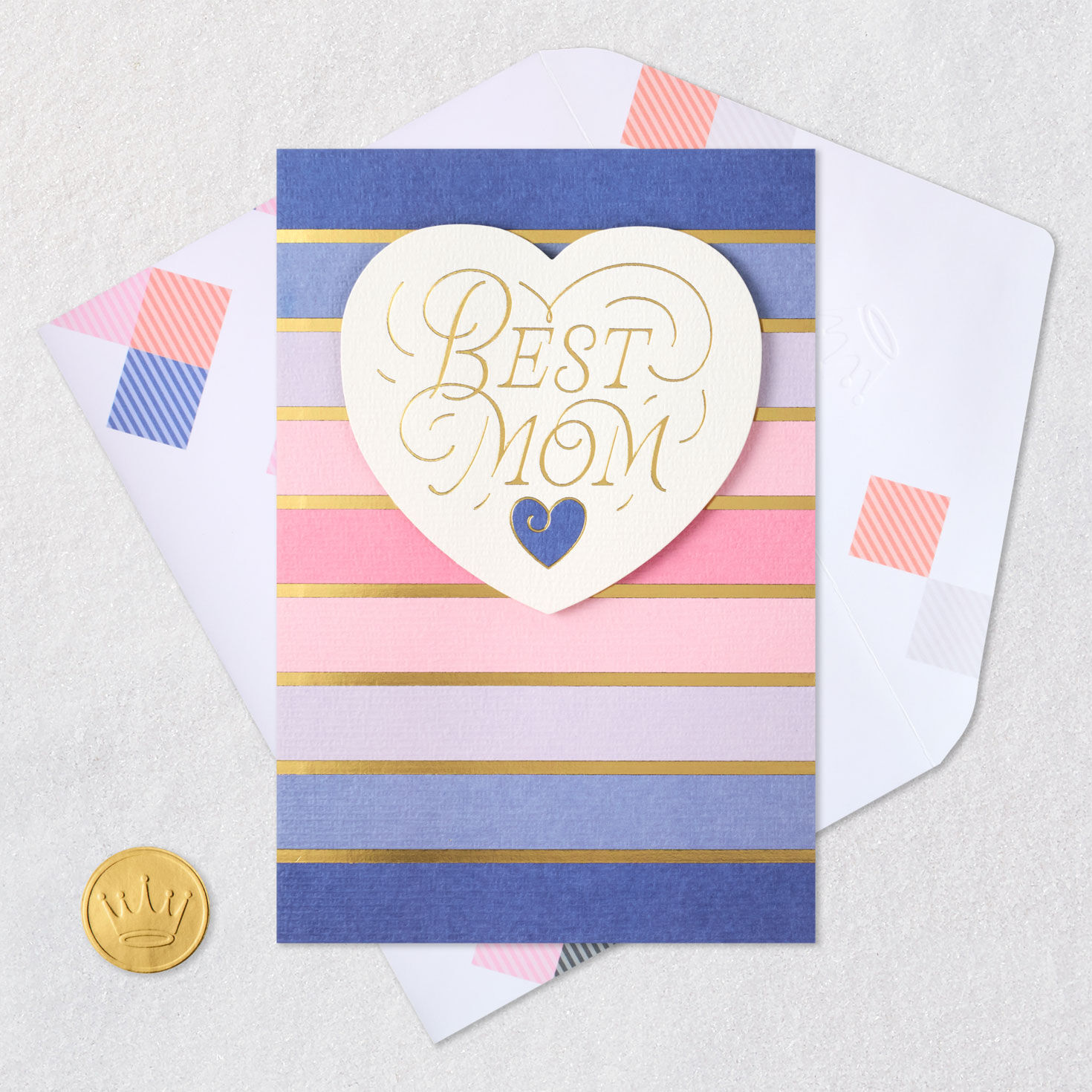 Heart on Ombr&eacute; Stripes Best Mom Mother's Day Card Card Front with Envelope and Gold Seal image number 6