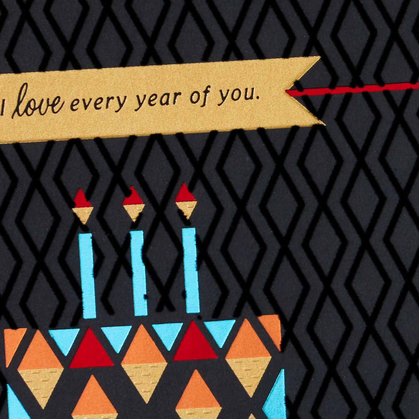 Blue and Red Geometric Cake on Black Birthday Card Card Front Detail image number 4