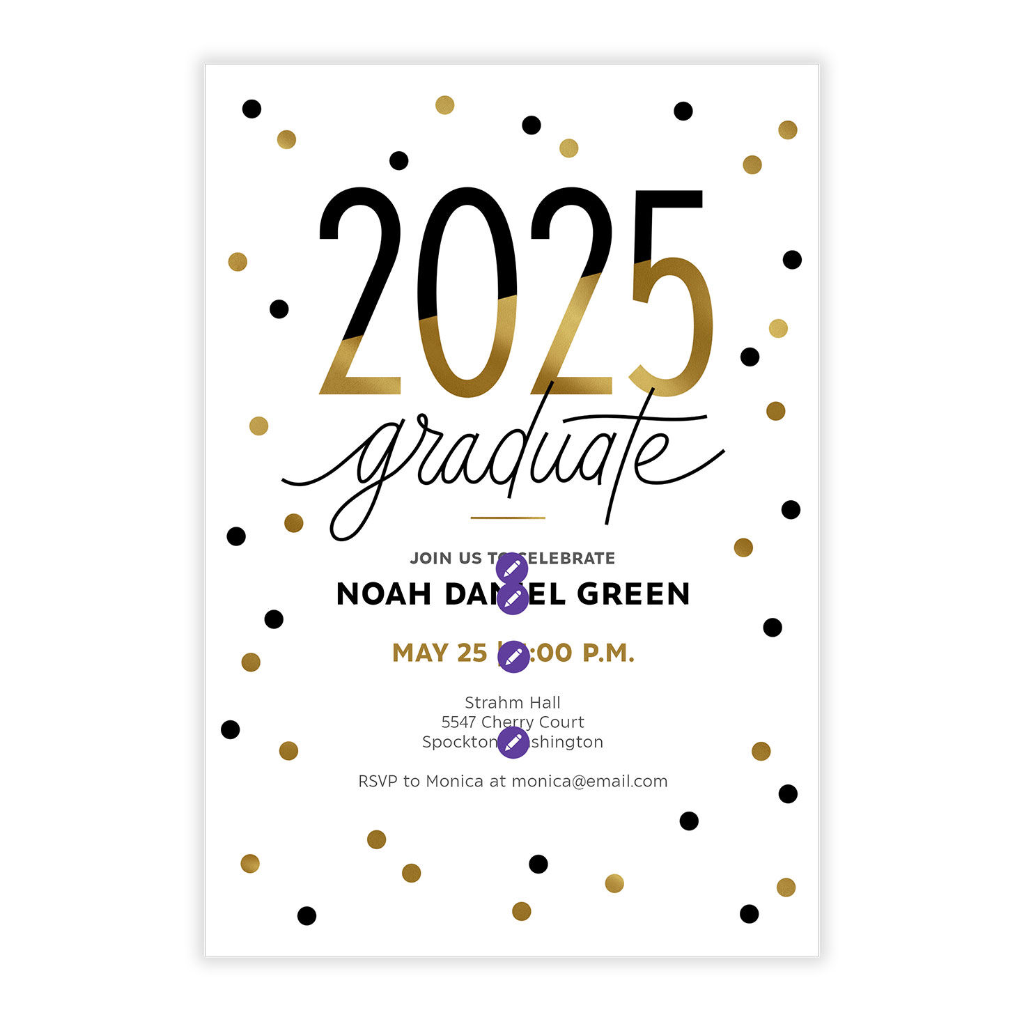 Black and Gold Polka Dots 2025 Graduation Invitation, , large image number 5