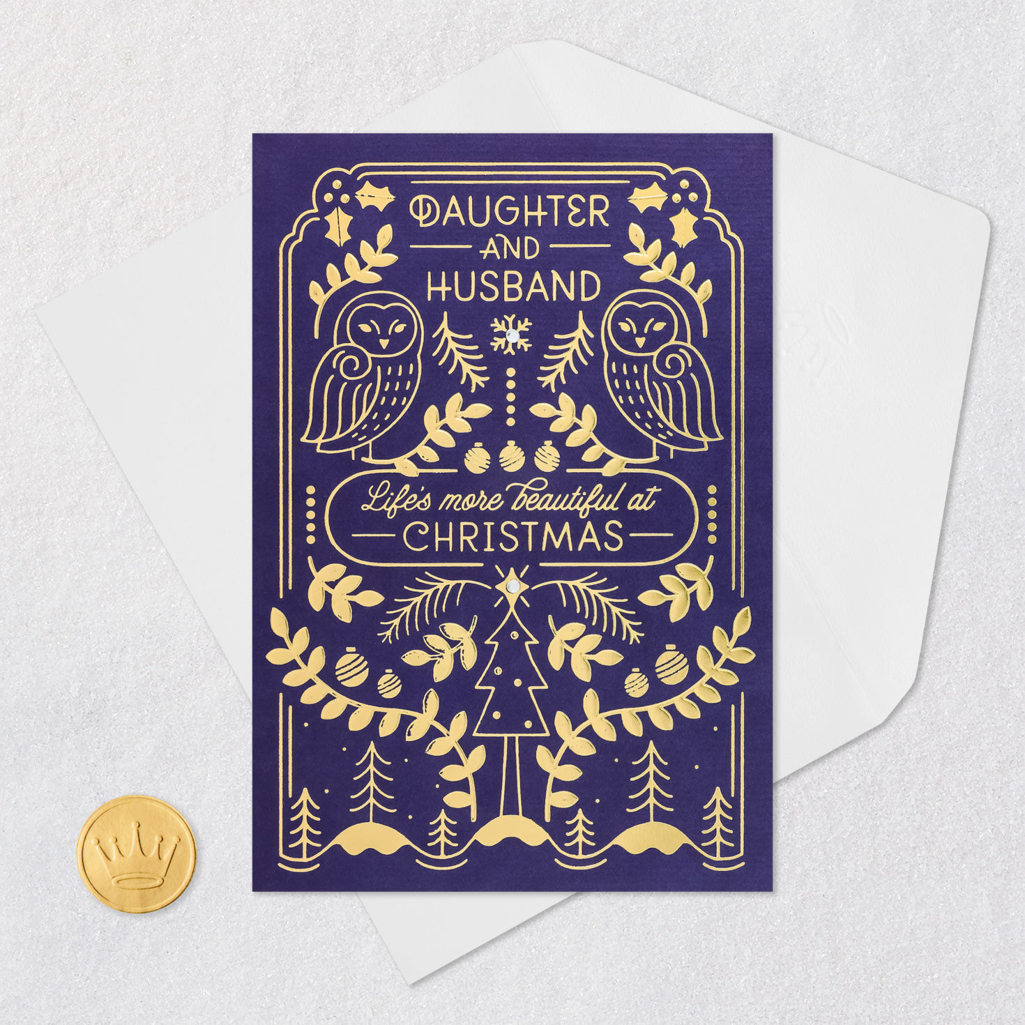 Navy Gold Owl Christmas Card for Daughter and Husband Card Front with Envelope and Gold Seal image number 6