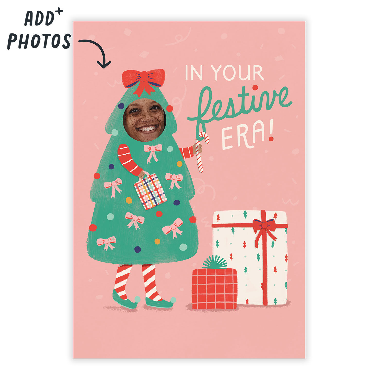 Person in Tree Personalized Christmas Card Card Front indicating personalization image number 2
