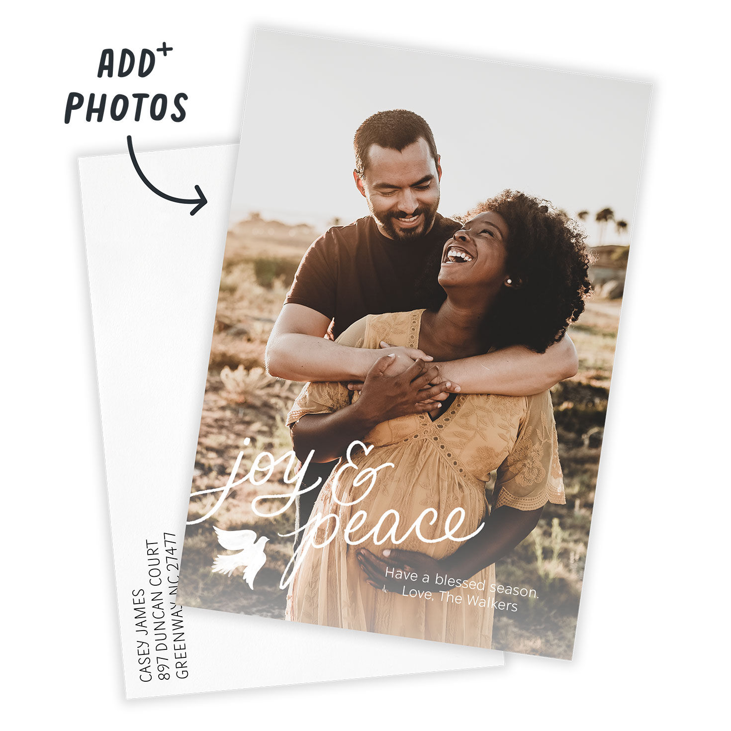 Joy & Peace Dove Personalized Holiday Photo Card Card Front indicating personalization image number 2