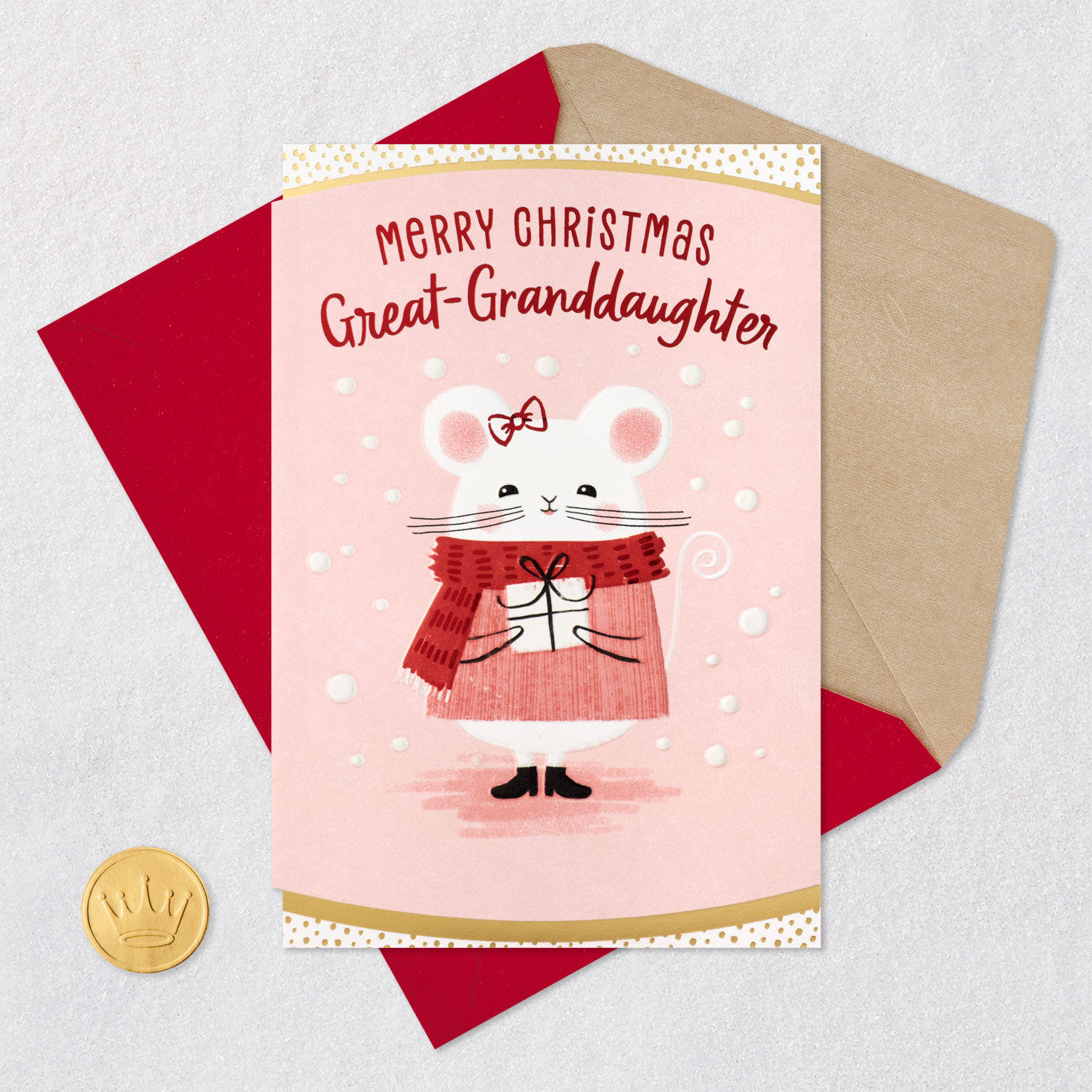 Mouse on Pink Great-Granddaughter Christmas Card Card Front Detail image number 7
