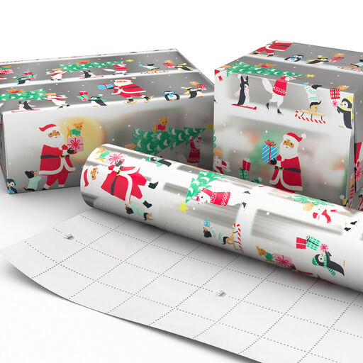 Santa and Pals on Silver Metallic Christmas Wrapping Paper, 22.5 sq. ft., 