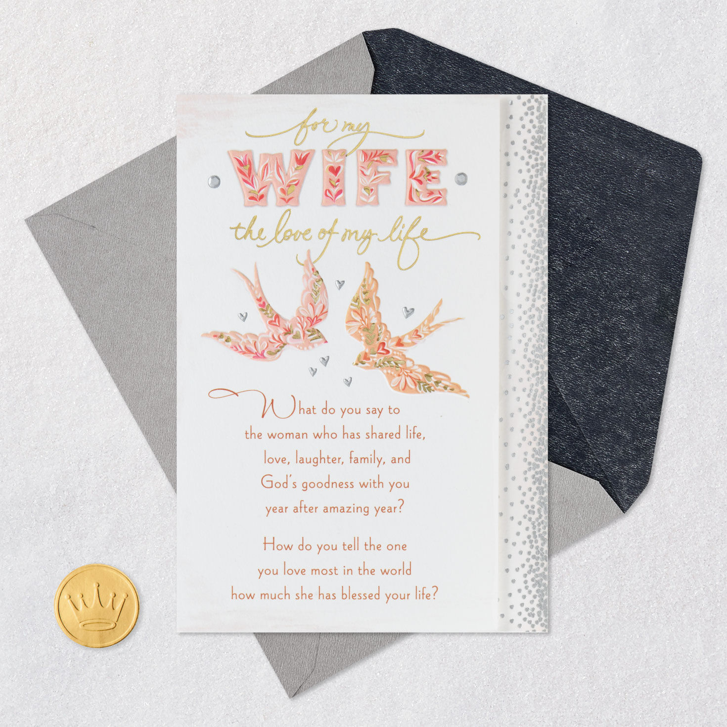 Floral Birds Christian Anniversary Card for Wife Card Front with Envelope and Gold Seal image number 7