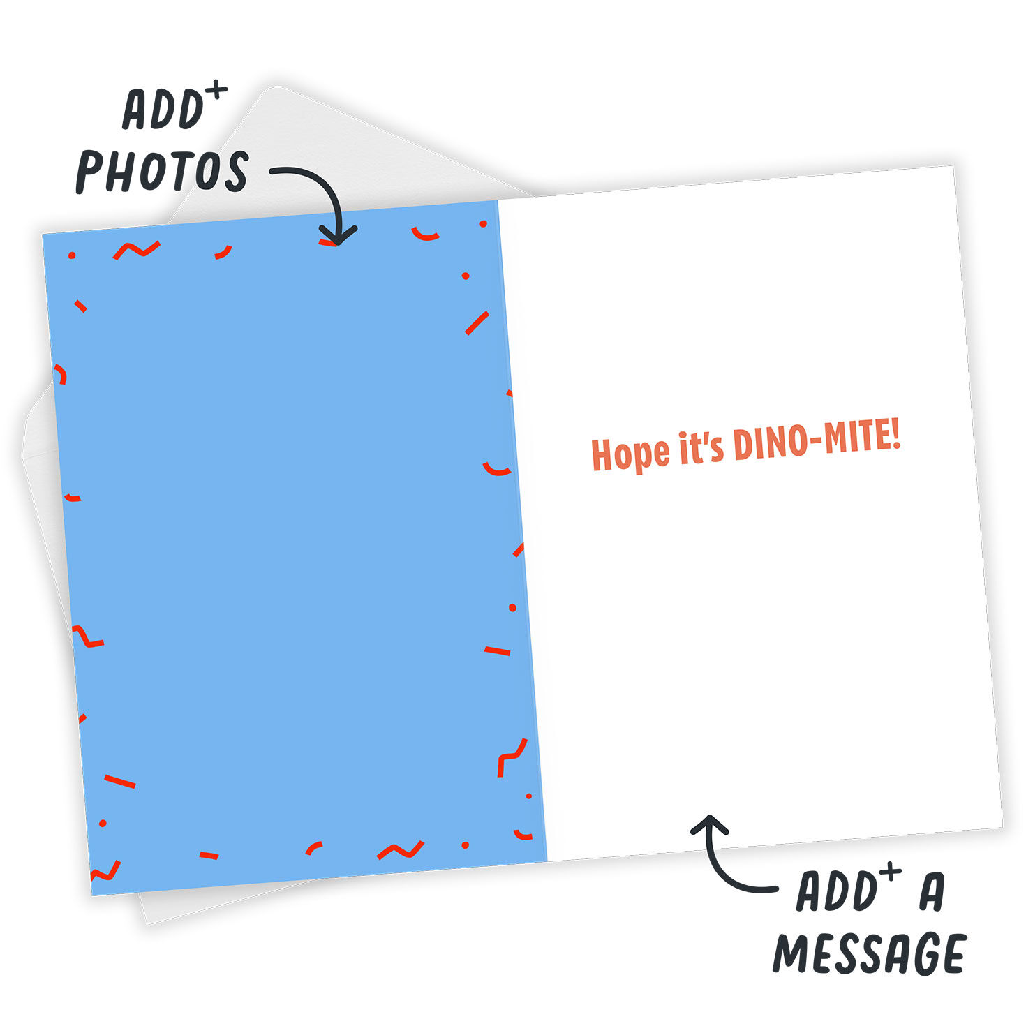 Wide-Mouth Dinosaur Personalized Birthday Card Open Card with Envelope indicating personalization image number 3