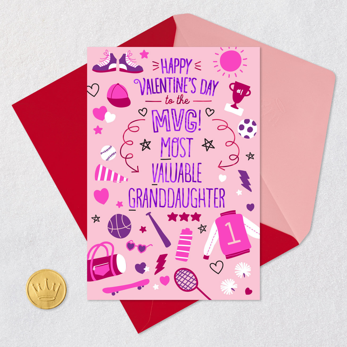 Sports Icons Granddaughter Valentine's Day Card Card Front with Envelope and Gold Seal image number 5