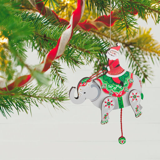 Pull-String Elephant With Santa Wood Ornament, 