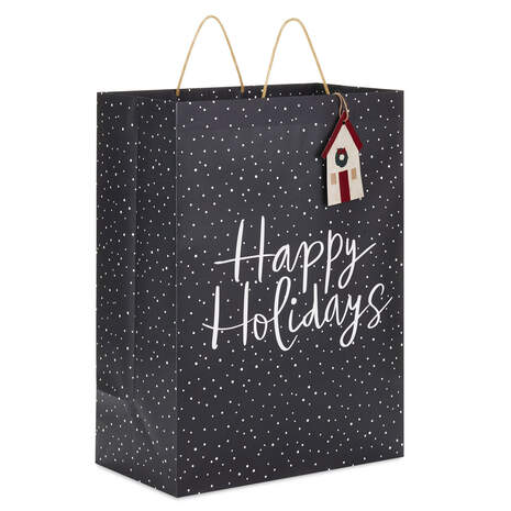 20" Happy Holidays on Snowy Black Jumbo Gift Bag, , large