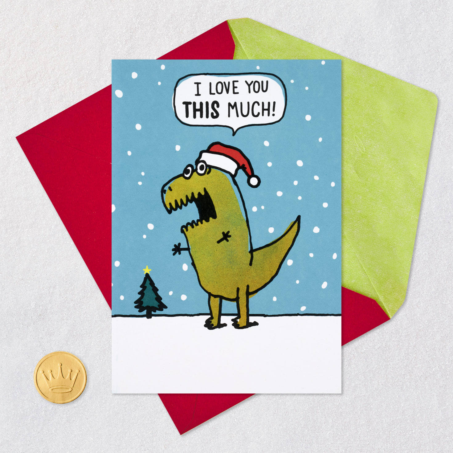 T-Rex Santa Funny Christmas Card Card Front with Envelope and Gold Seal image number 6