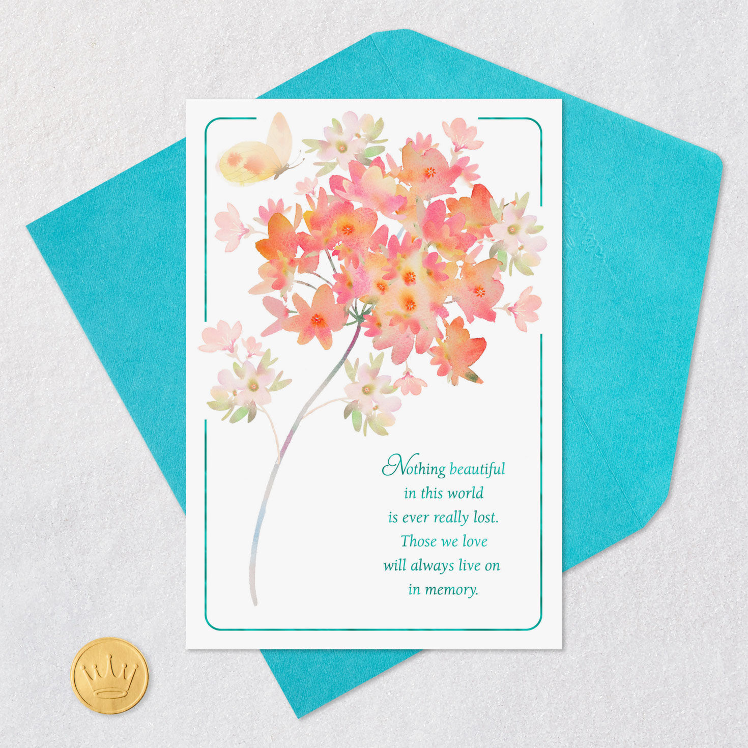 Butterfly and Flowers 99-cent Sympathy Card Card Front with Envelope and Gold Seal image number 5