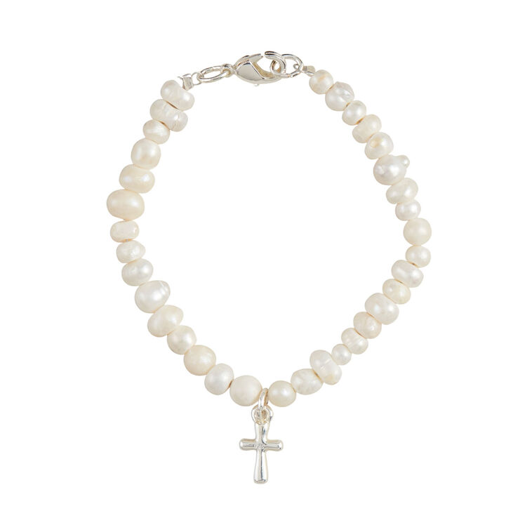 Mud Pie Silver Cross Pearl Bracelet for Toddler