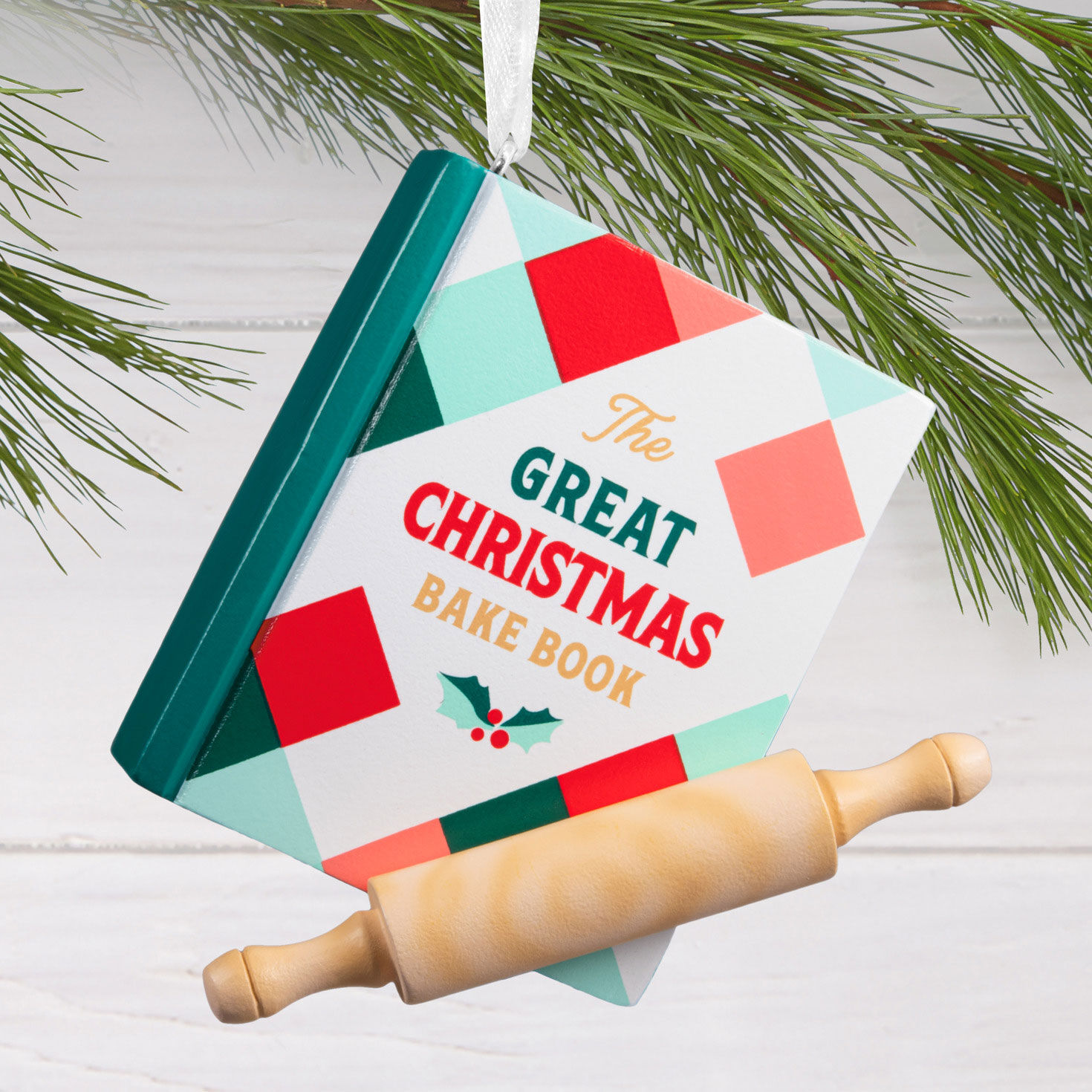 Plaid Christmas Cookbook and Rolling Pin Ornament hanging on tree image number 2