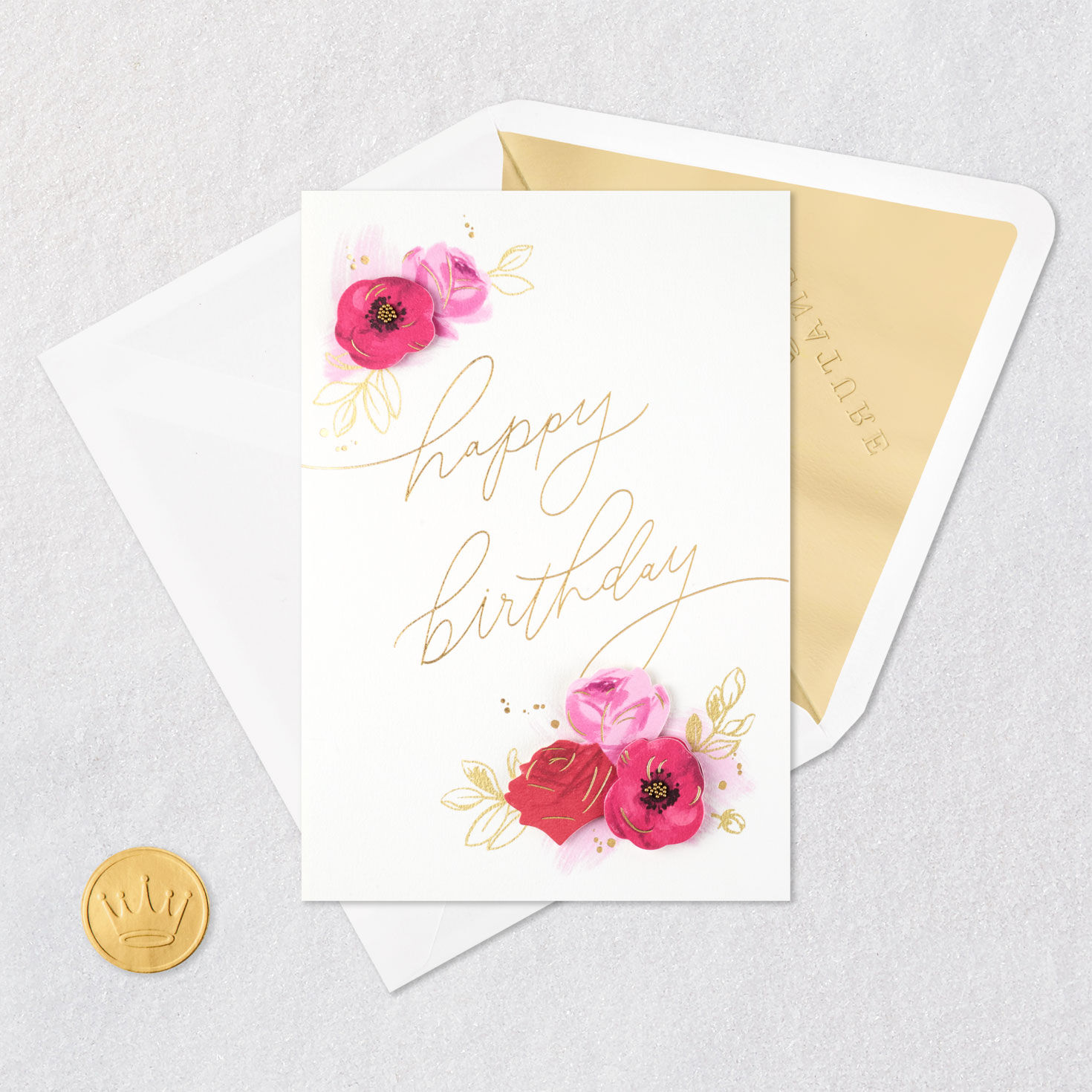 Pink and Red Painted Flowers Birthday Card Card Front with Envelope and Gold Seal image number 6