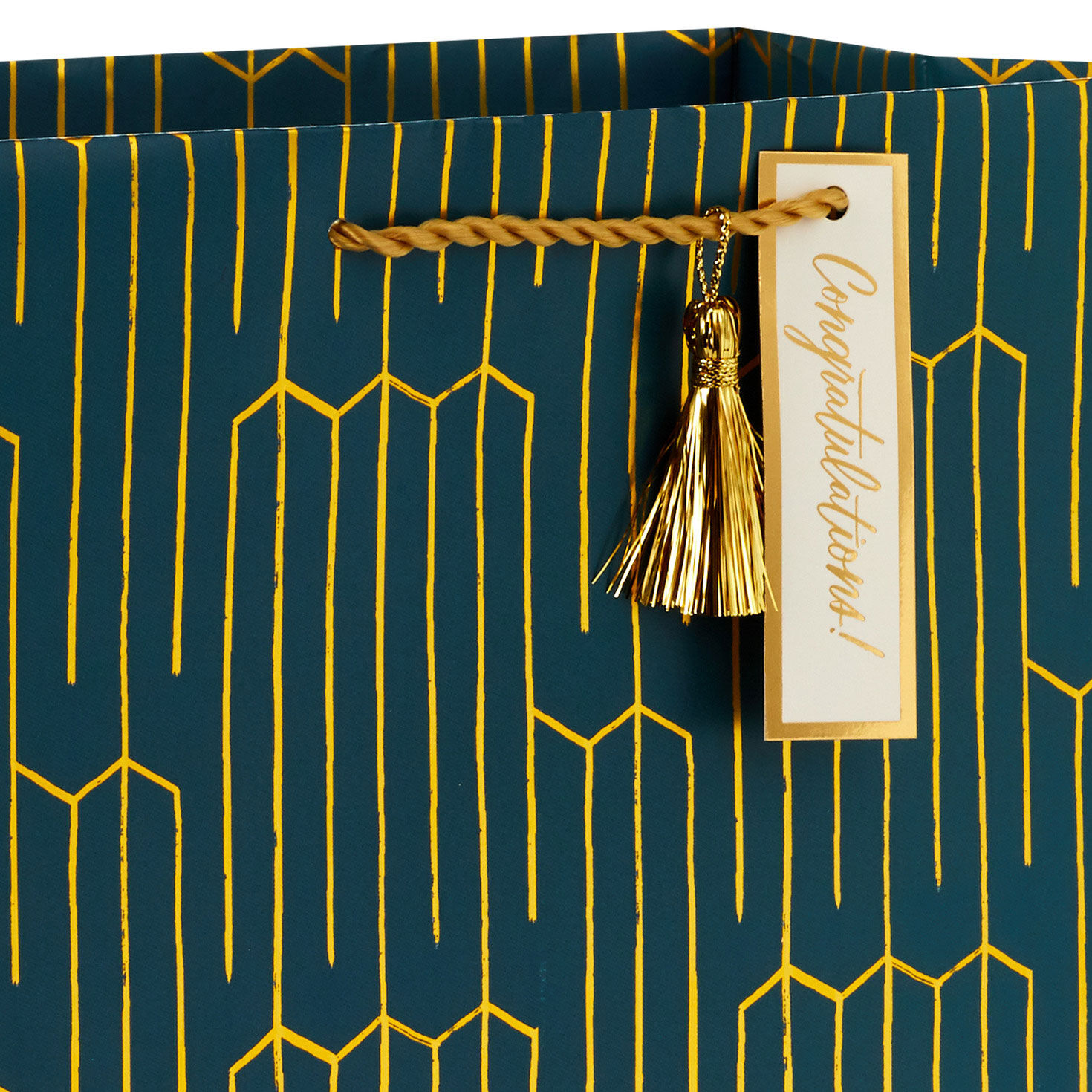 Gold Geometric on Teal Large Gift Bag Handle Detail image number 4