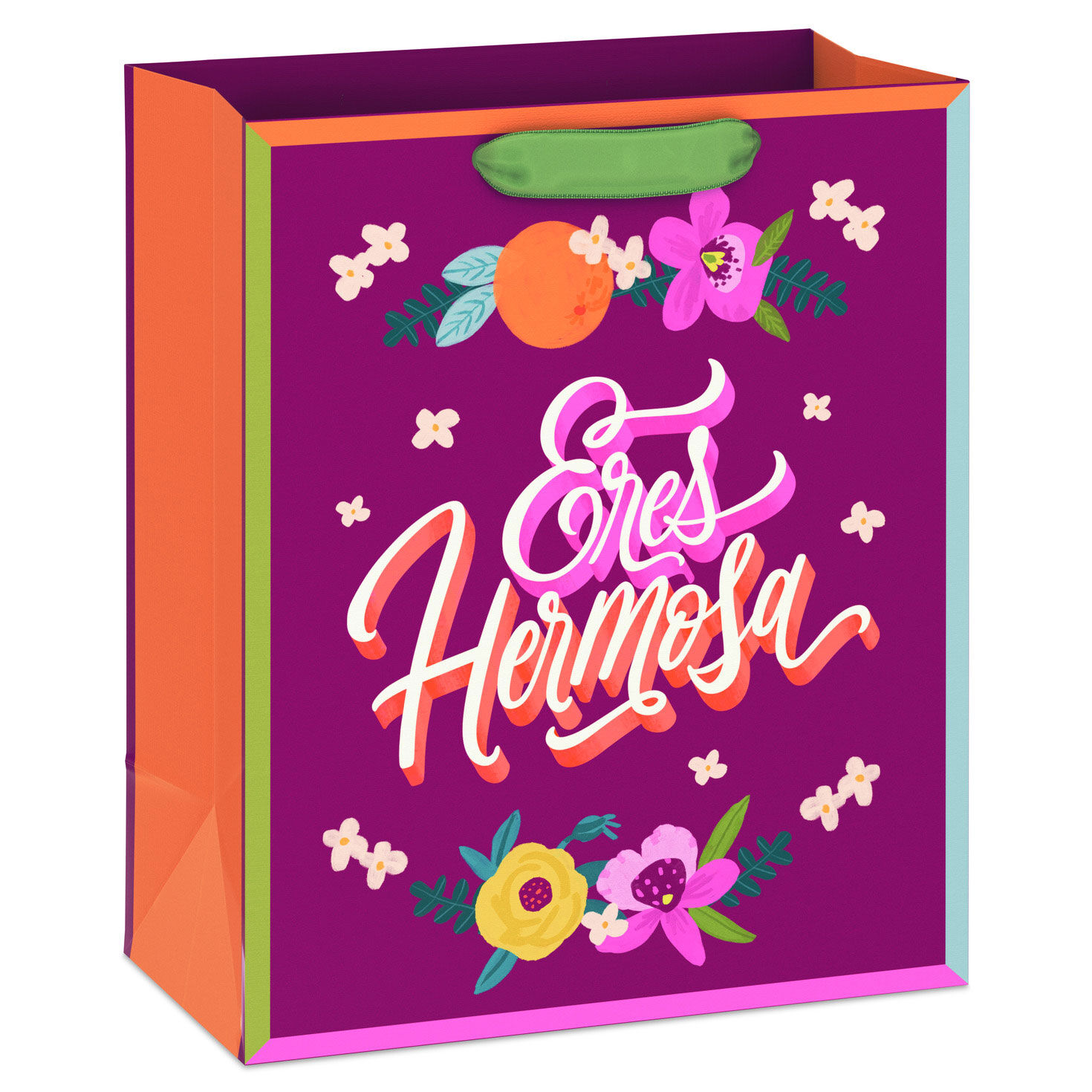 9.6" Eres Hermosa Flowers on Dark Purple Medium Gift Bag