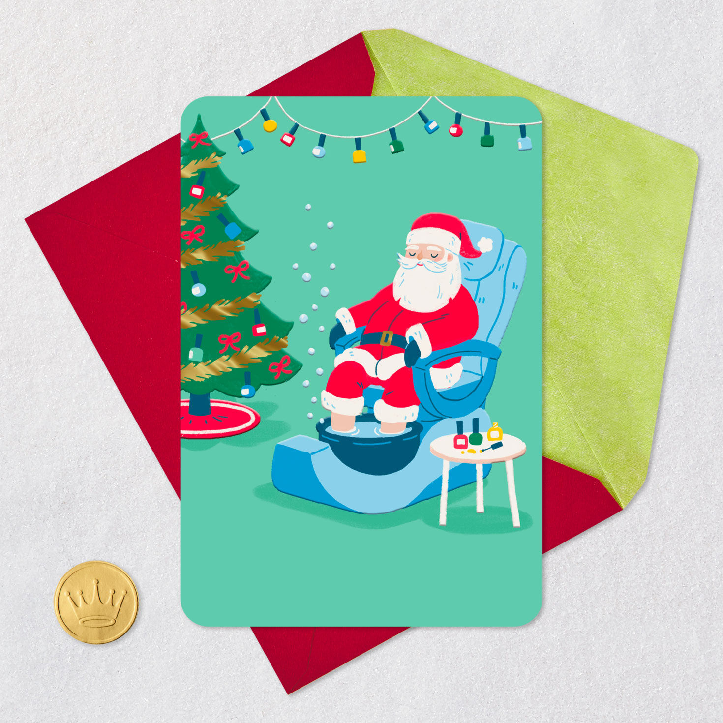 Santa Getting a Pedicure Christmas Card for Nail Tech Card Front with Envelope and Gold Seal image number 5