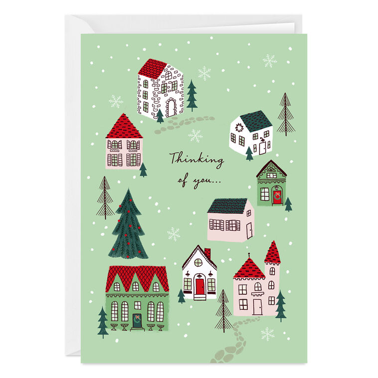 Thinking of You Snowy Village Custom Holiday Card