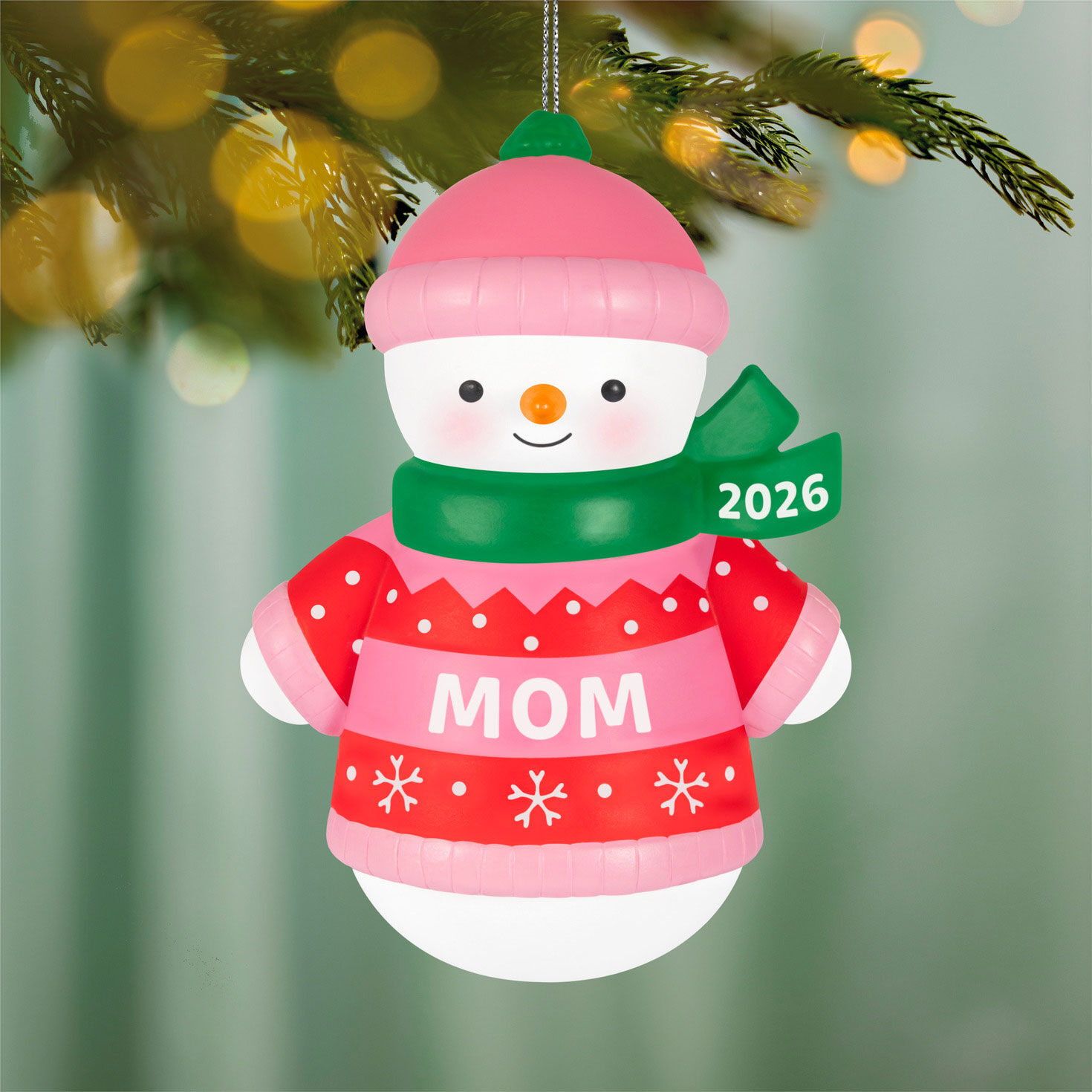 Pink Mom Snowman 2026 Keepsake Ornament hanging on tree image number 2