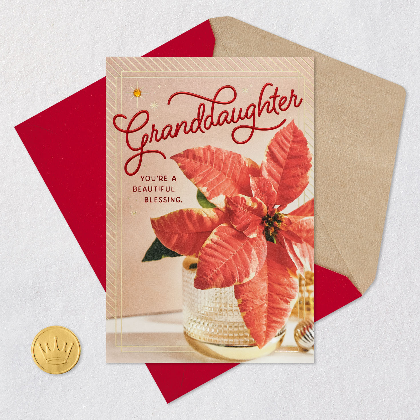 Pink Poinsettia Christmas Card for Granddaughter Card Front with Envelope and Gold Seal image number 5