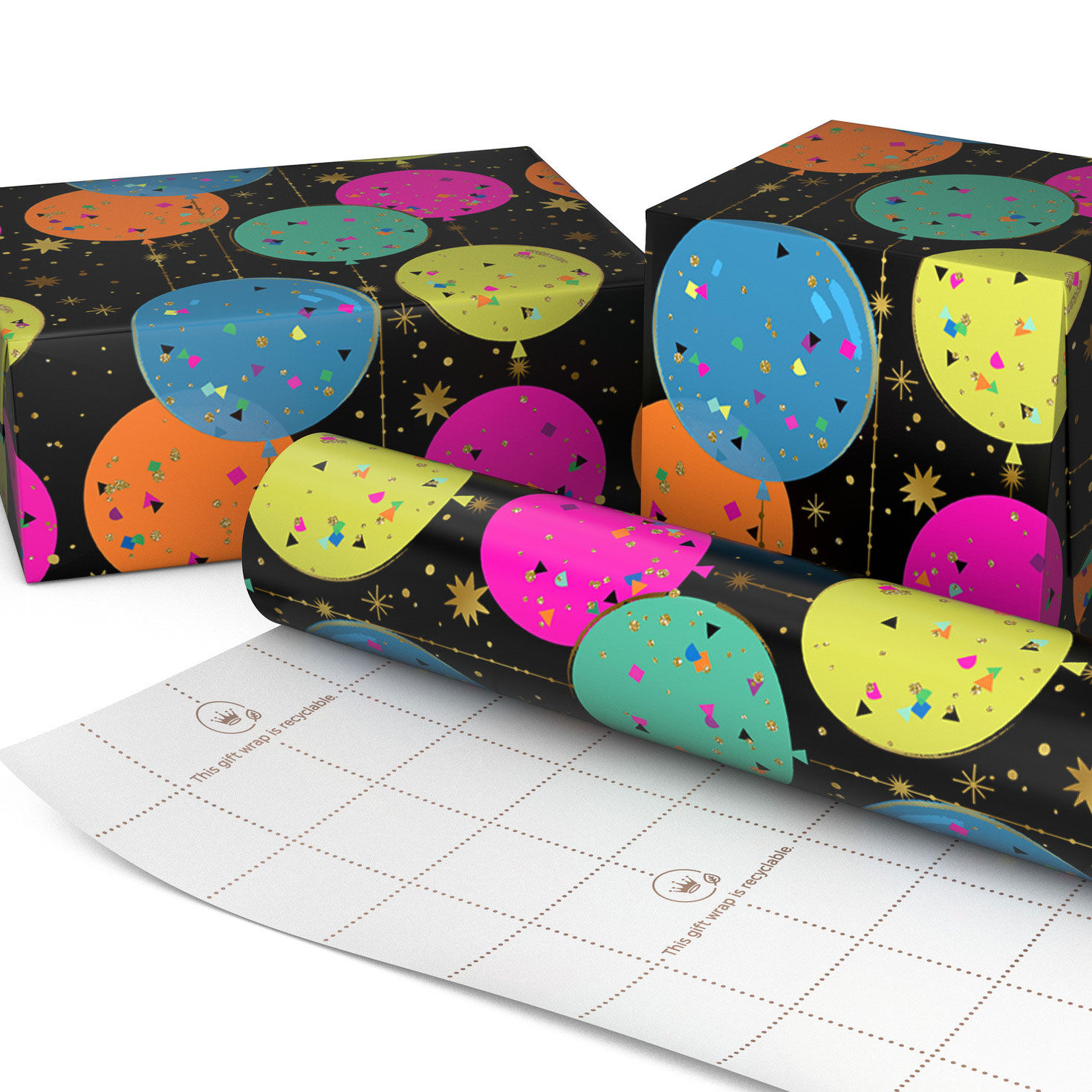 Neon Balloons and Confetti on Black Gift Wrap wrapped package image number 2