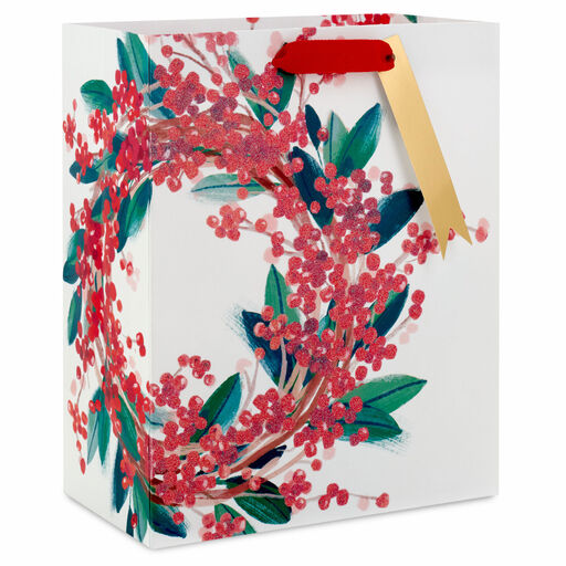 9.6" Berry Wreath on White Medium Christmas Gift Bag, 