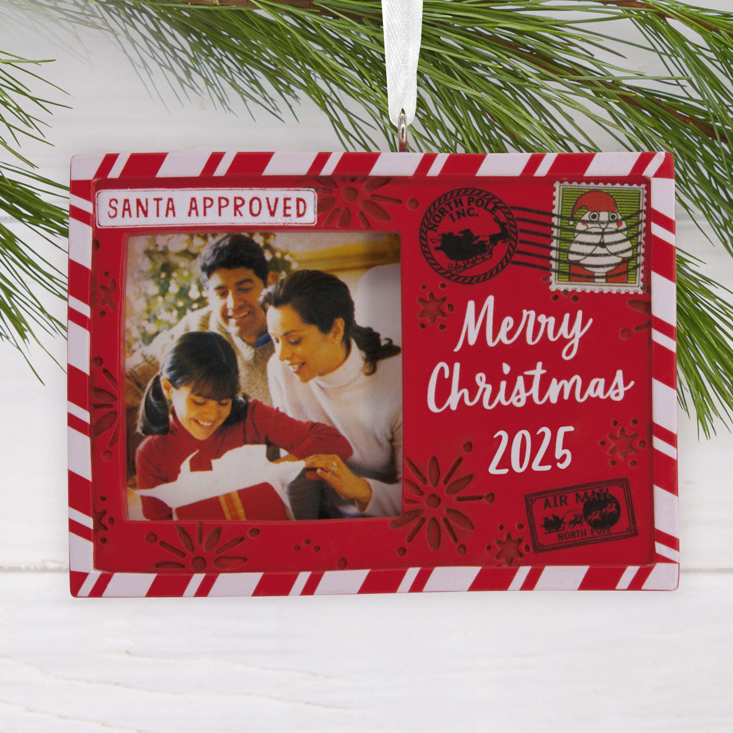 Holiday Postcard Photo Frame Christmas Ornament Hanging on tree image number 2