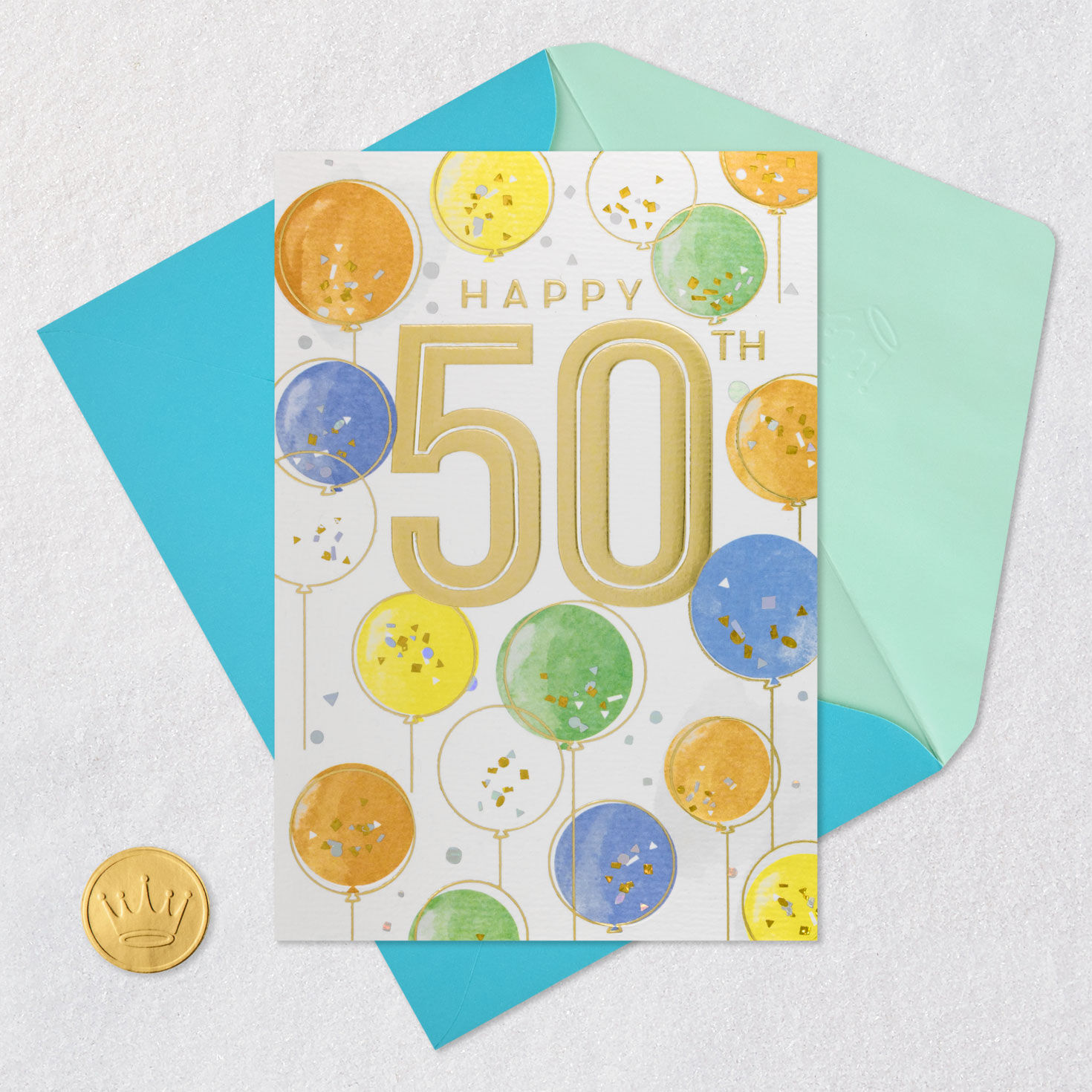 Pastel and Gold Balloons Fiftieth Birthday Card Card Front with Envelope and Gold Seal image number 5