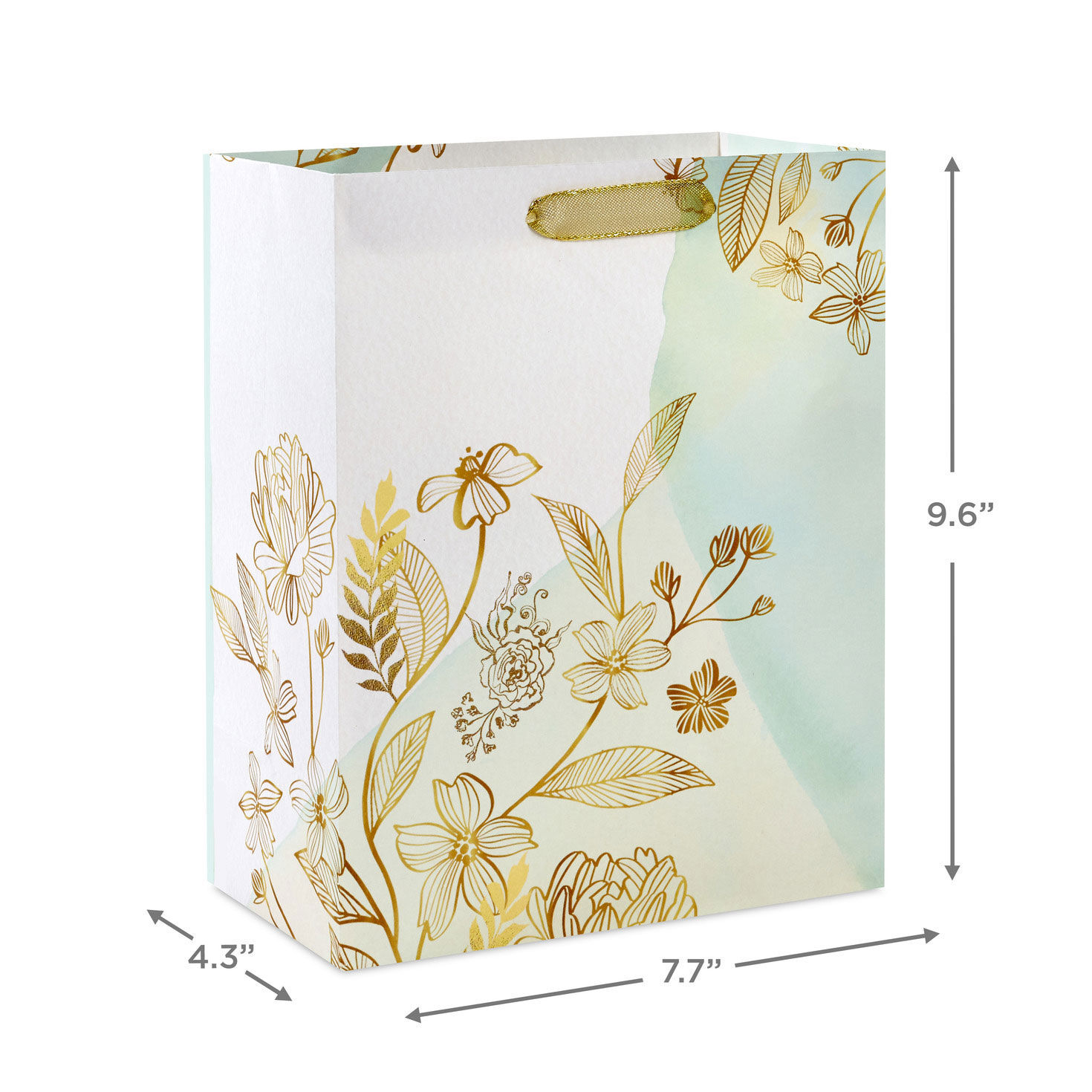Gold Floral on Green Watercolor Medium Gift Bag measurement image number 3