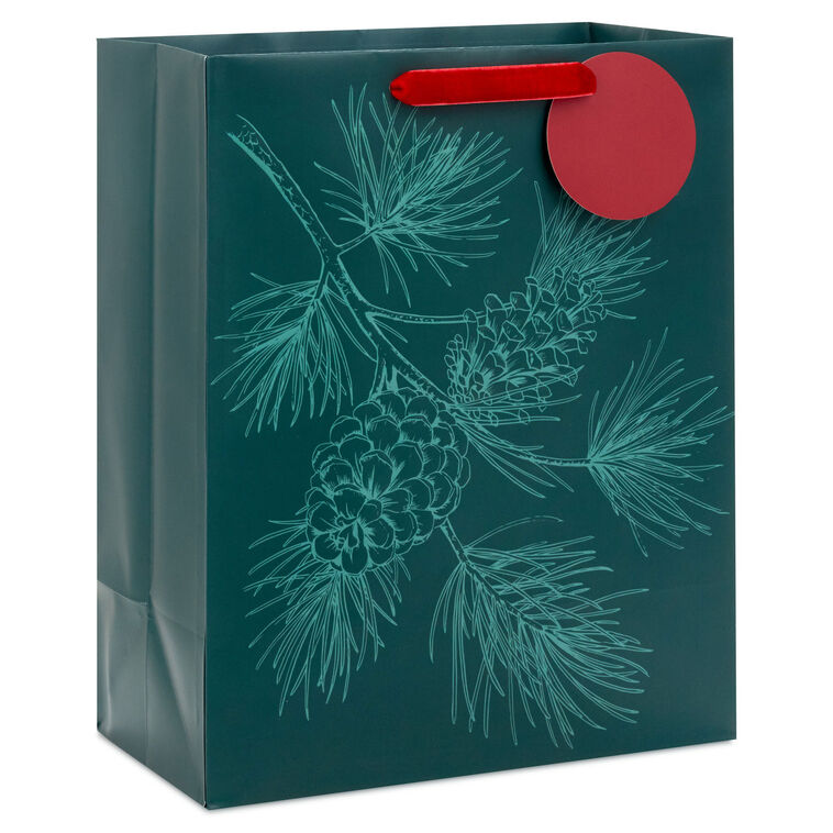 13" Embossed Pine Branch on Forest Green Large Holiday Gift Bag