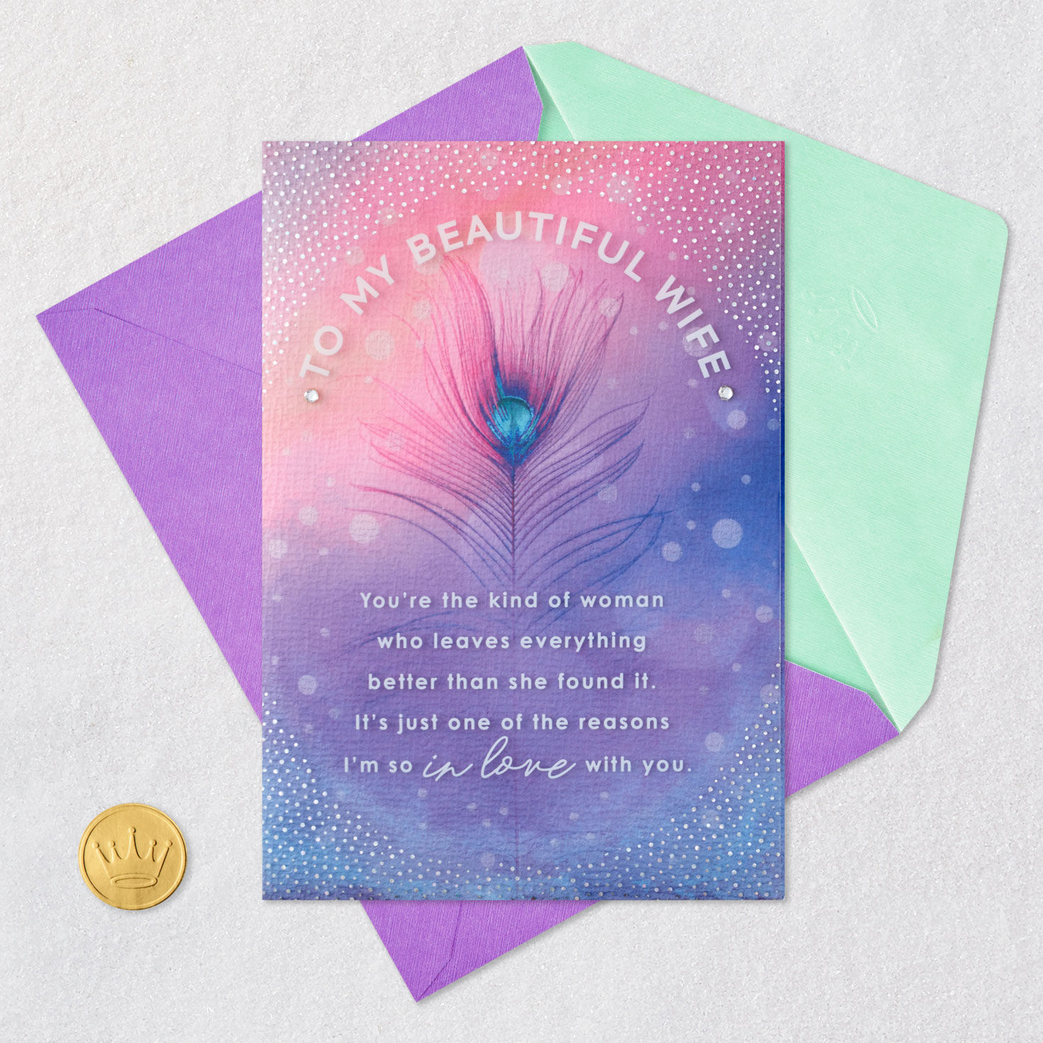 Peacock Feather Birthday Card for Wife Card Front with Envelope and Gold Seal image number 6