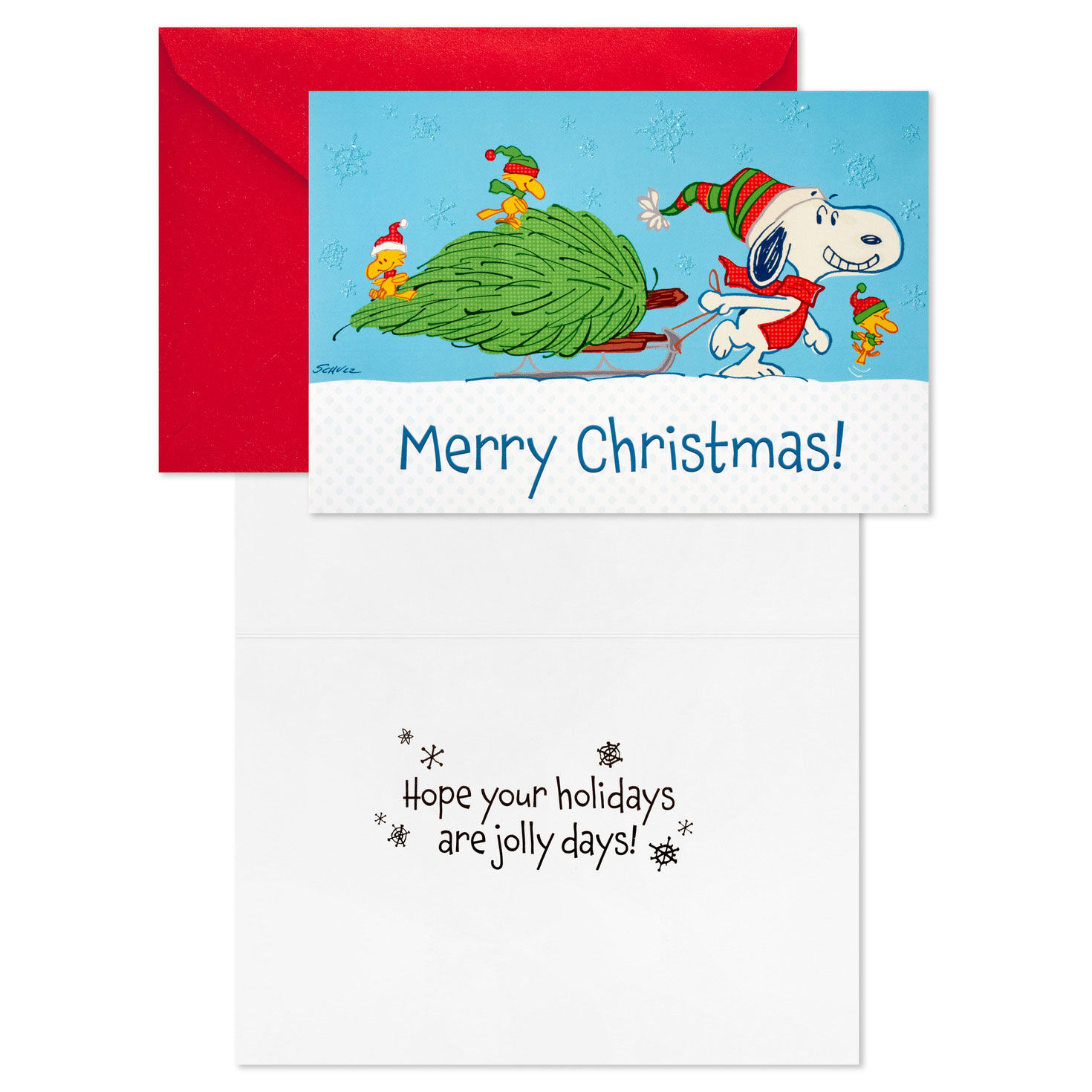 Snoopy and Woodstock Tree Christmas Cards Pack Card Front with Sentiment image number 3