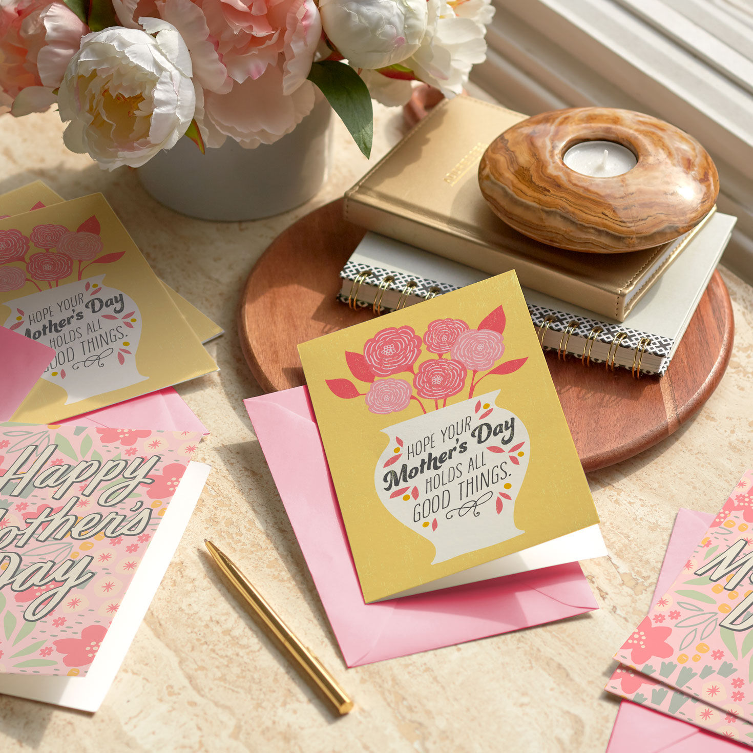 Flowers on Pink and Yellow Mother's Day Cards Pack in use image number 6