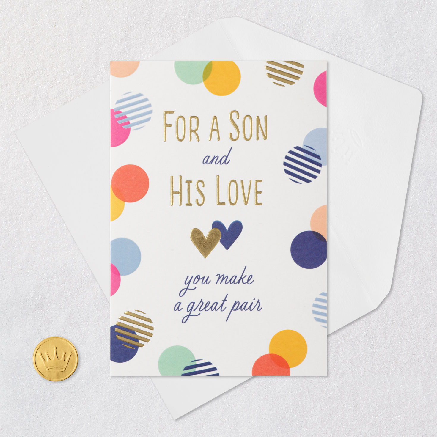 Hearts and Dots Anniversary Card for Son and His Spouse Card Front with Envelope and Gold Seal image number 5