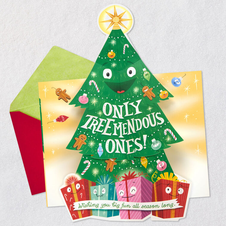 Evergreen Tree Cartoon Pop-Up Christmas Card Open card with envelope image number 2